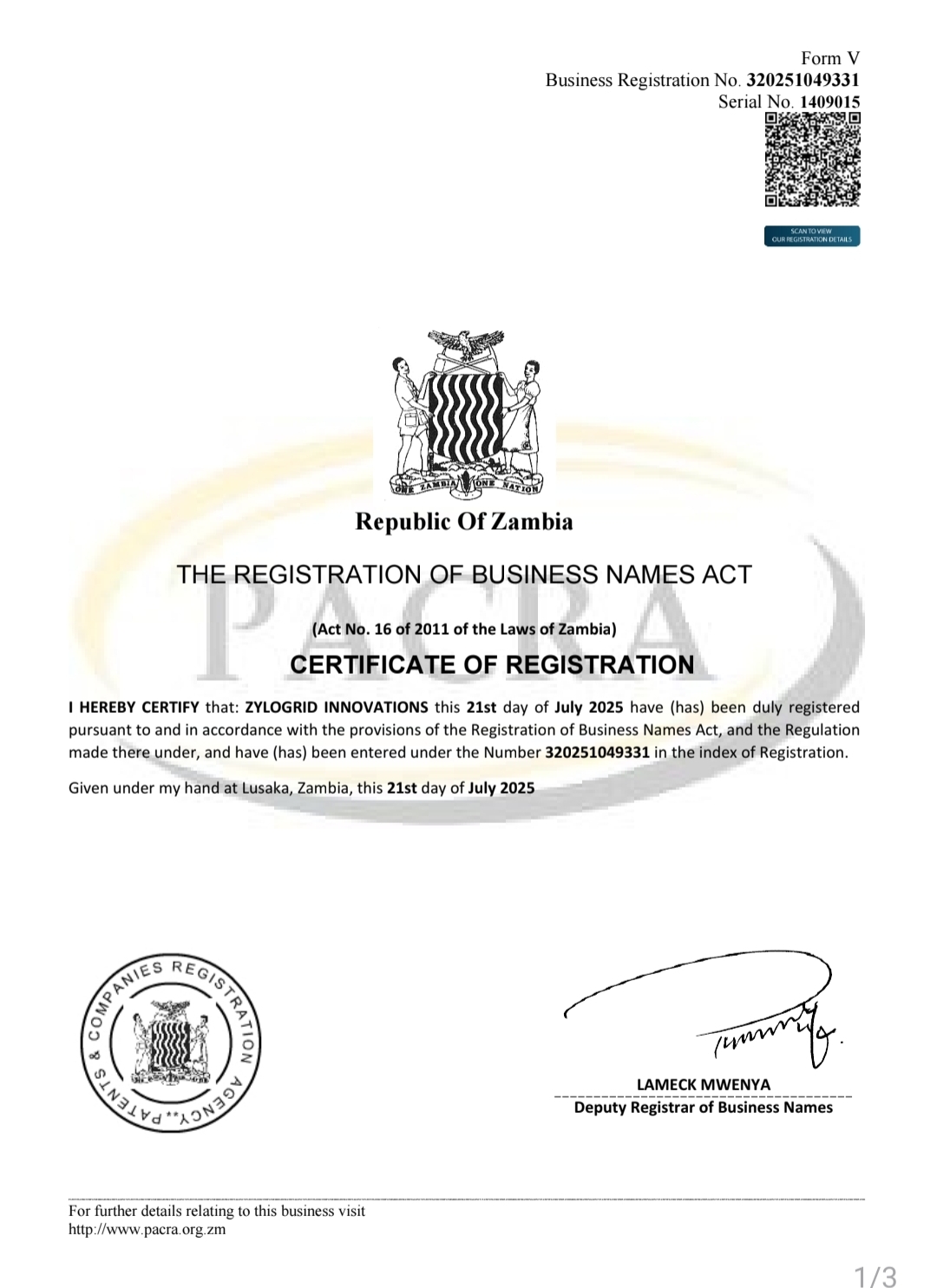 Certification Of Registration